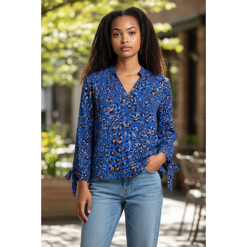 FOR THE REPUBLIC Blue Leopard Print V Neck Long Sleeve Tie Cuff Blouse Top L